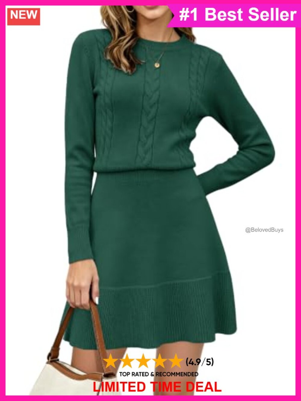 Women's Cable Knit Sweater Dress A-Line High Waist Long Sleeve Mini